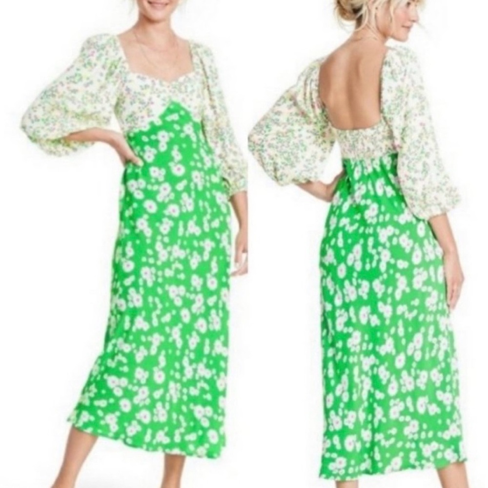 RIXO Green Floral Midi Dress Puff Sleeve Open Back Cottagecore Boho Size 6